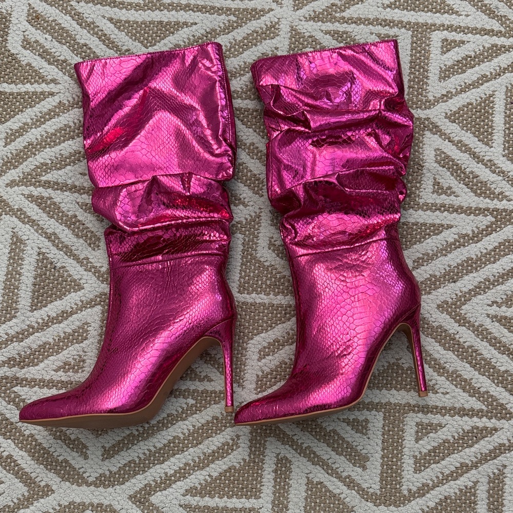SHEIN Metallic Hot Pink Slouchy Stiletto Boots NEW